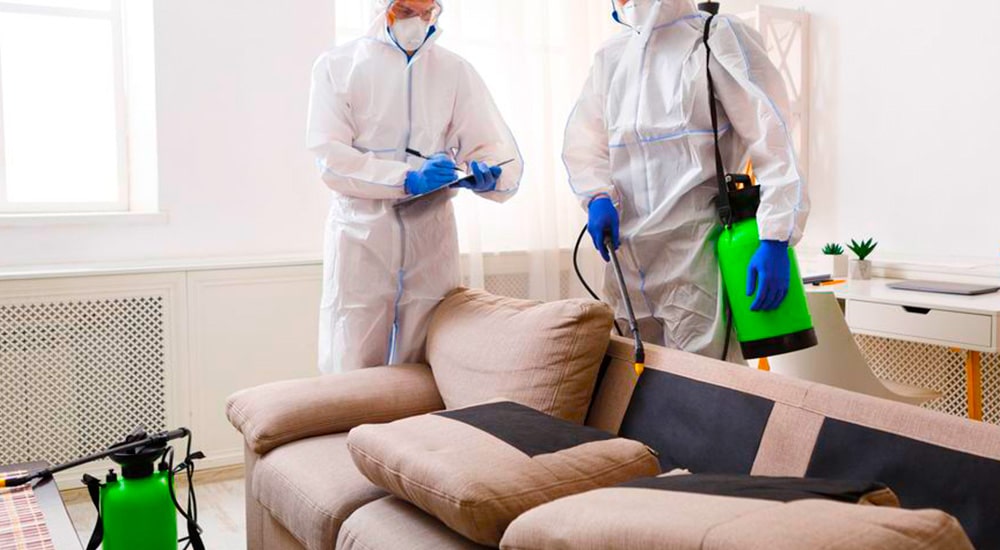 Pest control technicians in protective suits spraying living room furniture, showing Perfect Pest Control’s eco-friendly services.