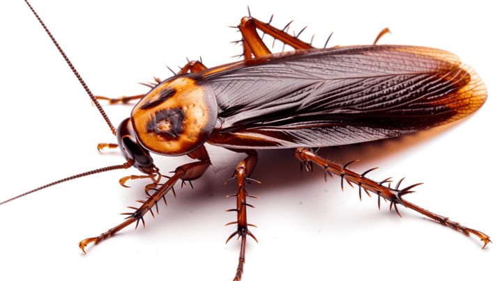 Close-up of cockroach on white background, symbolizing roach removal, pest control and extermination services.