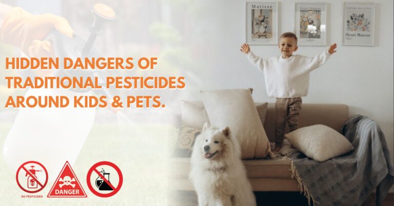 Child and dog on couch with sprayer in background; overlay text warns about hidden pesticide dangers to kids and pets.