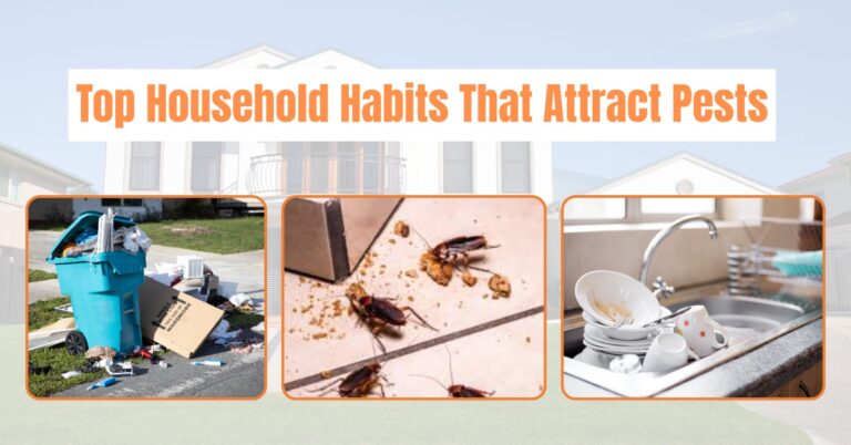 Banner reading “Top Household Habits That Attract Pests” with images of overflowing trash, cockroaches on crumbs, and dirty dishes in a sink.
