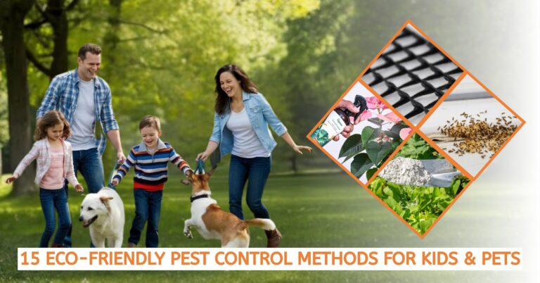 Family with kids and dogs outdoors, showing eco-friendly pest control like sprays, nets, and natural deterrents.