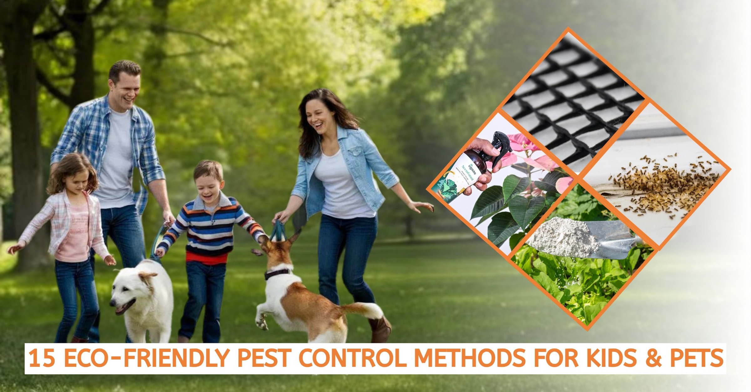 Family with kids and dogs outdoors, showing eco-friendly pest control like sprays, nets, and natural deterrents.