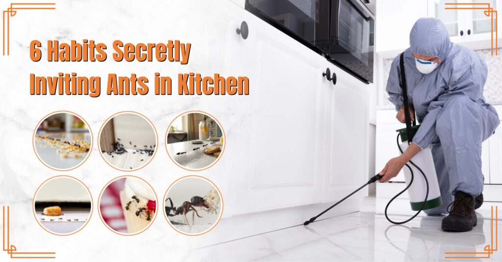 Exterminator spraying kitchen floor for ants with text “6 Habits Secretly Inviting Ants in Kitchen” and images of crumbs, spills, and ants in Hanover Park, IL.