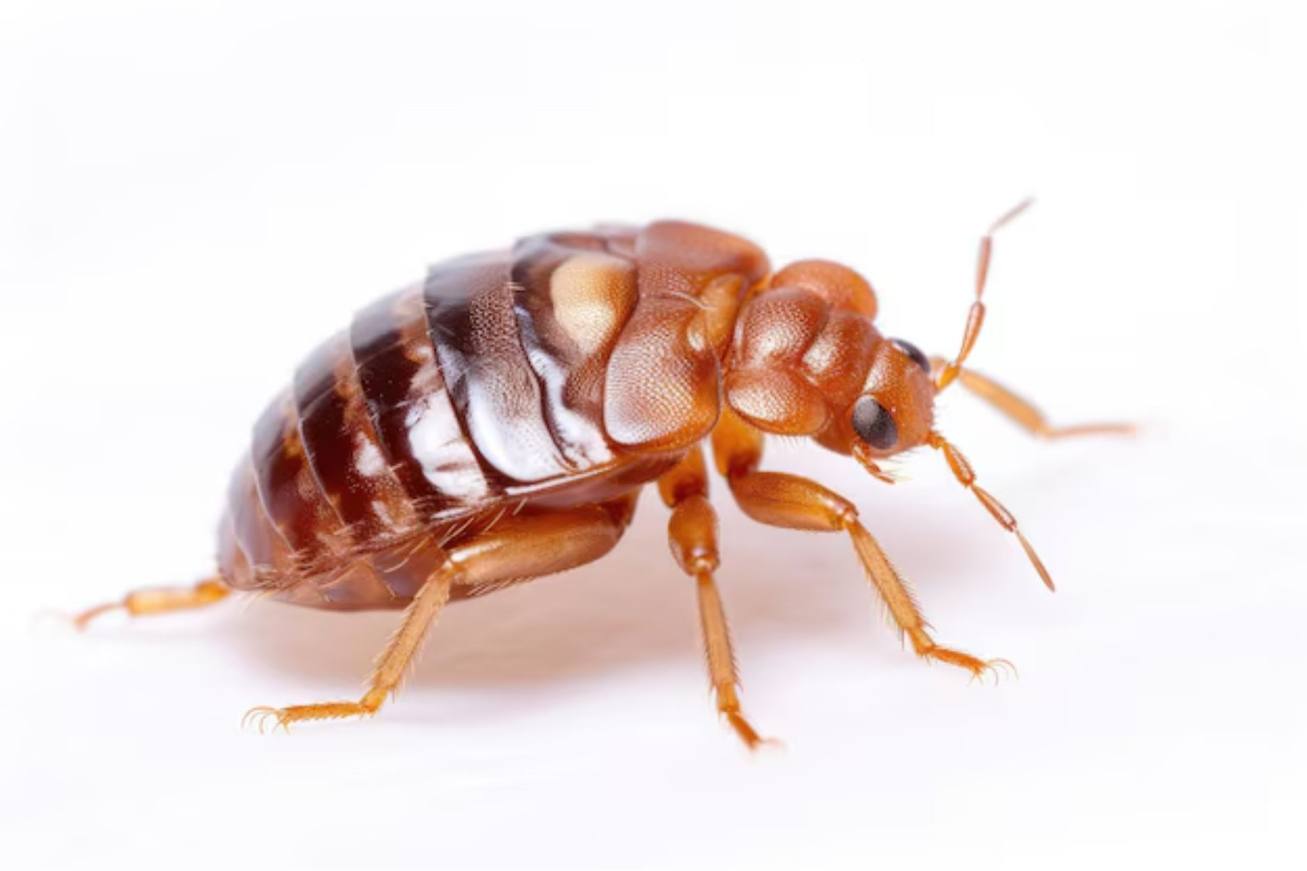 Close-up of a bed bug on a white surface, used for bed bug control awareness and prevention.