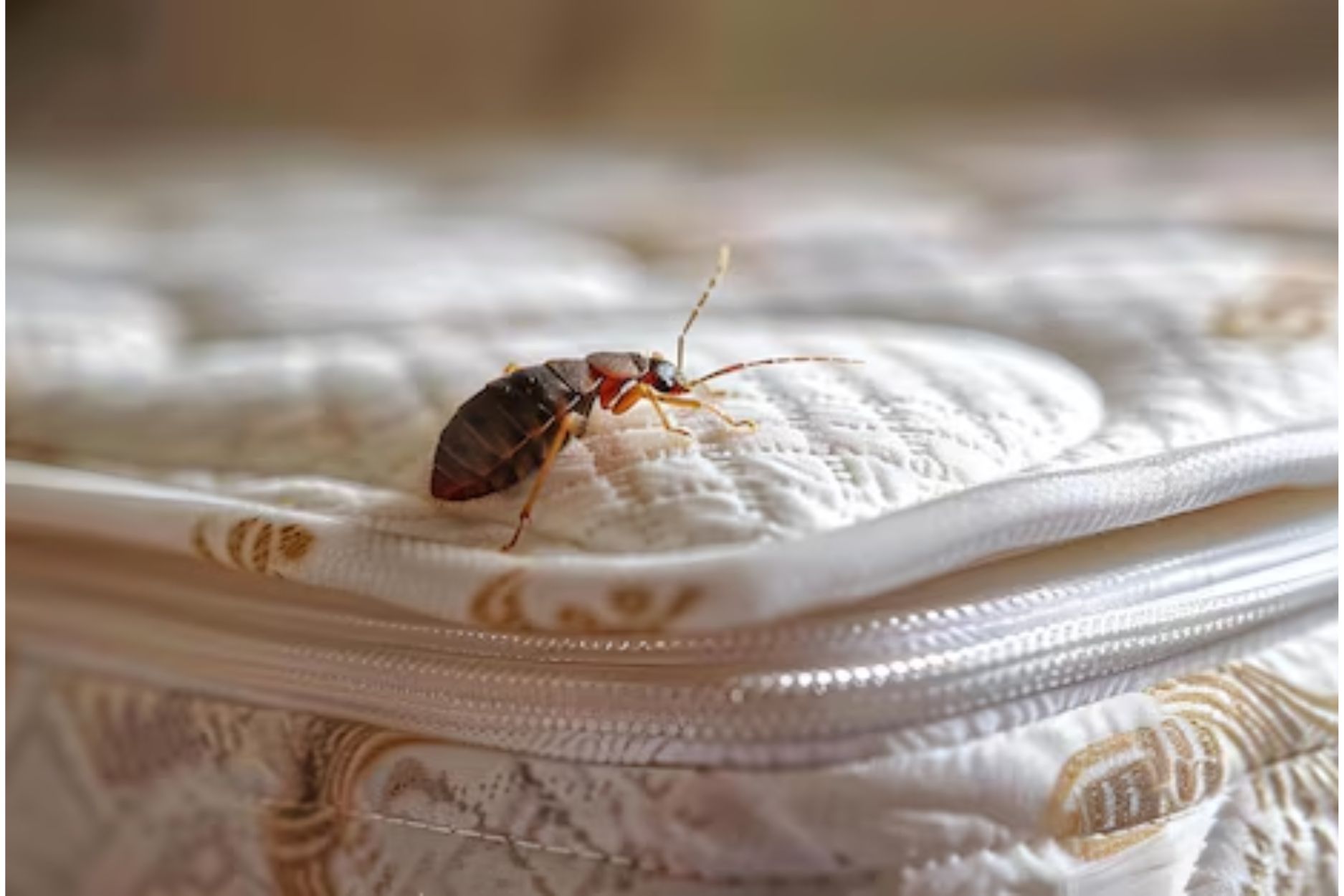 Bed bug crawling on mattress seam, highlighting need for bed bug control treatments.