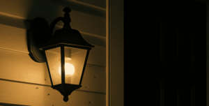 "Outdoor porch light attracting bugs at night on a Hanover Illinois home."