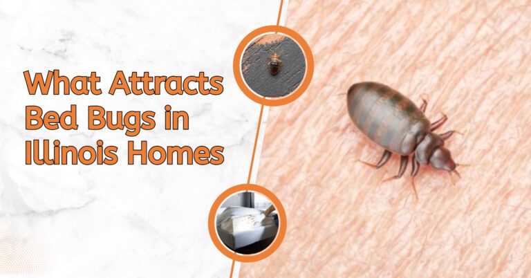 Magnified bed bug on skin with text overlay: "What Attracts Bed Bugs in Illinois Homes."