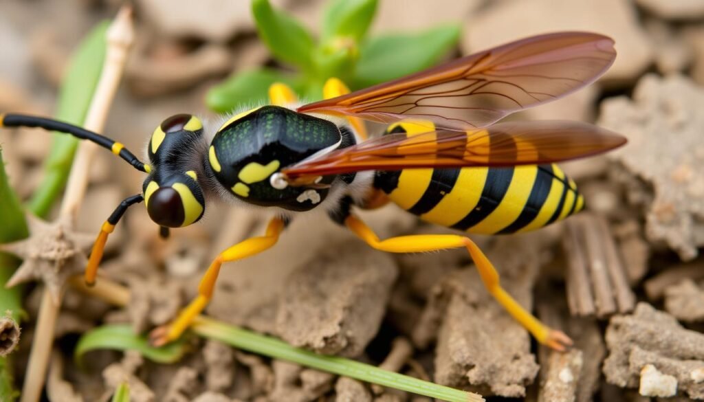 Close-up of a hornet on the ground with yellow and black stripes, illustrating the importance of professional hornet removal services