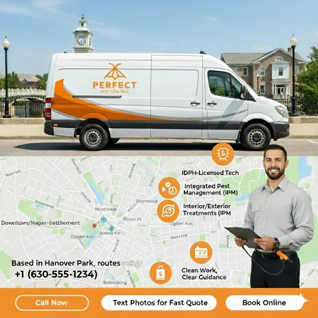 Perfect Pest Control van and technician in Hanover Park showing service routes, IPM methods, and online booking options