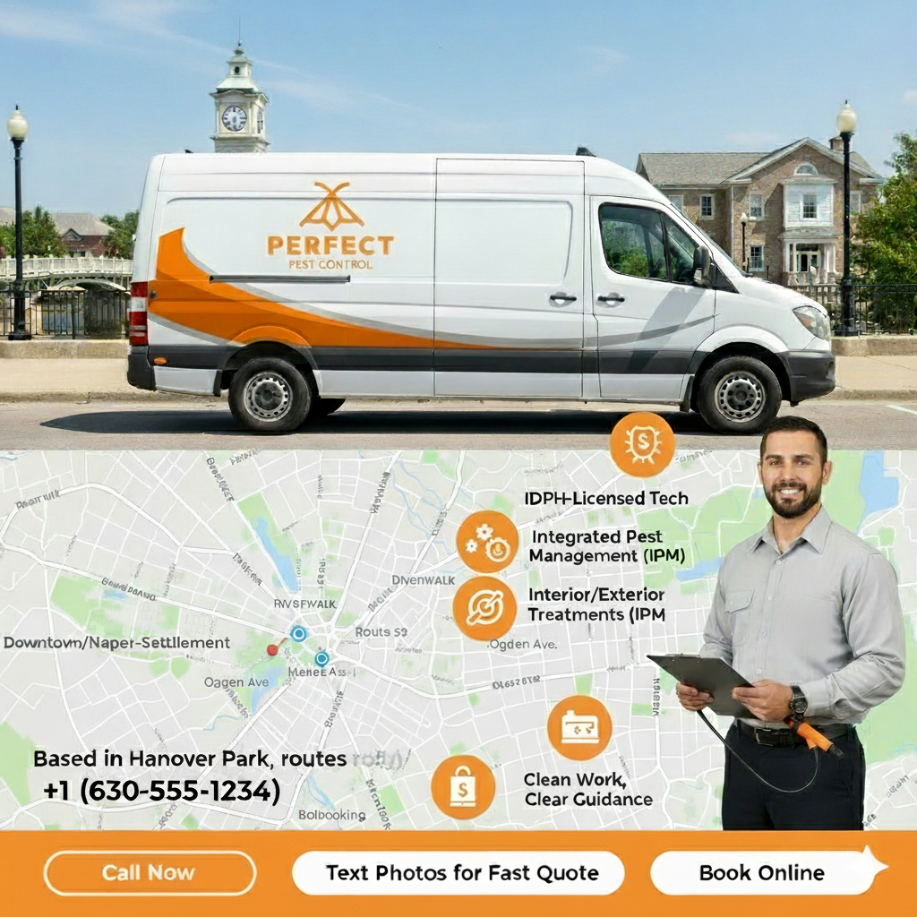 Perfect Pest Control van and technician in Hanover Park showing service routes, IPM methods, and online booking options.