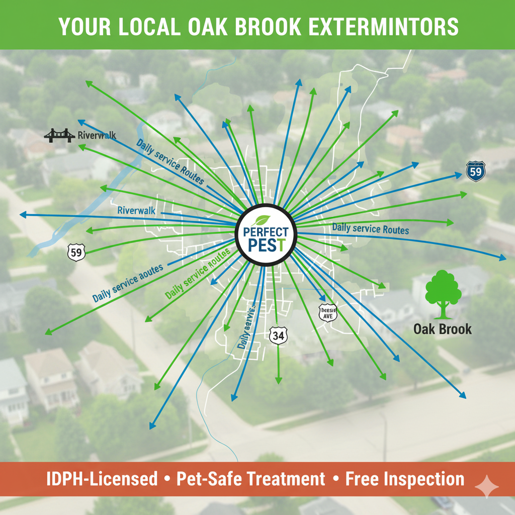 Map showing Perfect Pest Oakbrook Exterminators’ daily service routes across Oak Brook with eco-friendly pest van.