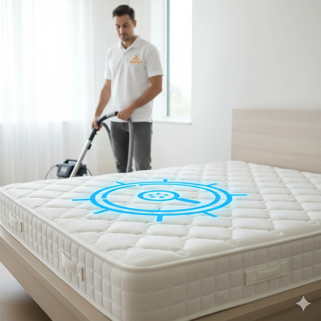 Pest control technician in a white uniform with a logo, preparing for targeted mite treatment using HEPA vacuum in a clean bedroom, with a graphic target on the mattress.
