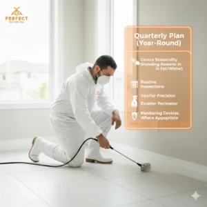 A technician from Perfect Pest Control is performing a quarterly pest treatment indoors with professional inspection tools.