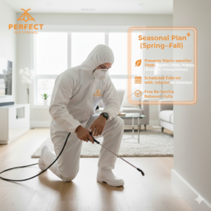 Perfect Pest technician applying seasonal pest control treatment indoors as part of the Spring–Fall prevention plan.