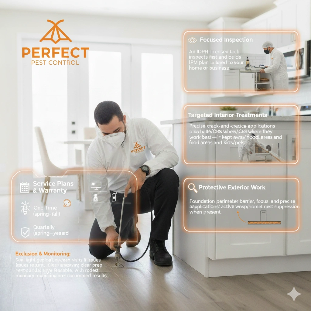 Perfect Pest Control technician treating a home interior, highlighting inspection, interior treatments, exterior protection, and service plans.