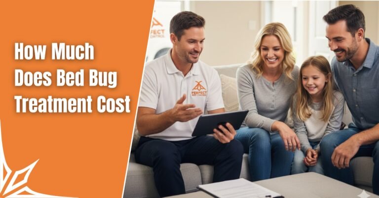 Perfect Pest control expert showing treatment plan to a smiling family, discussing bed bug removal costs at home.