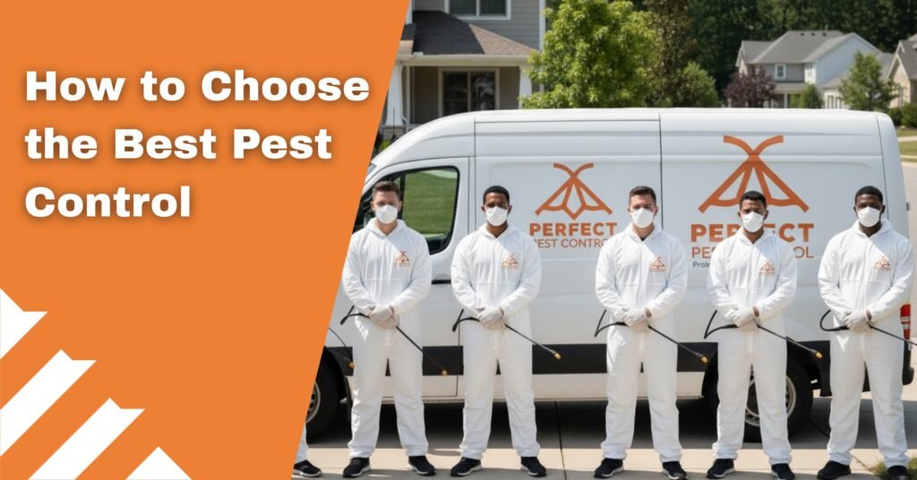 Five pest control technicians in protective suits standing in front of a Perfect Pest Control service van, ready for professional pest treatment.