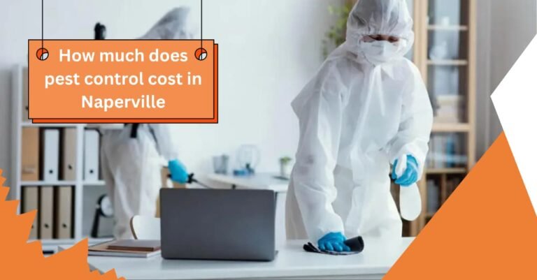 Technicians in protective suits performing pest control inside a Naperville home with a highlighted banner asking about pest control costs.