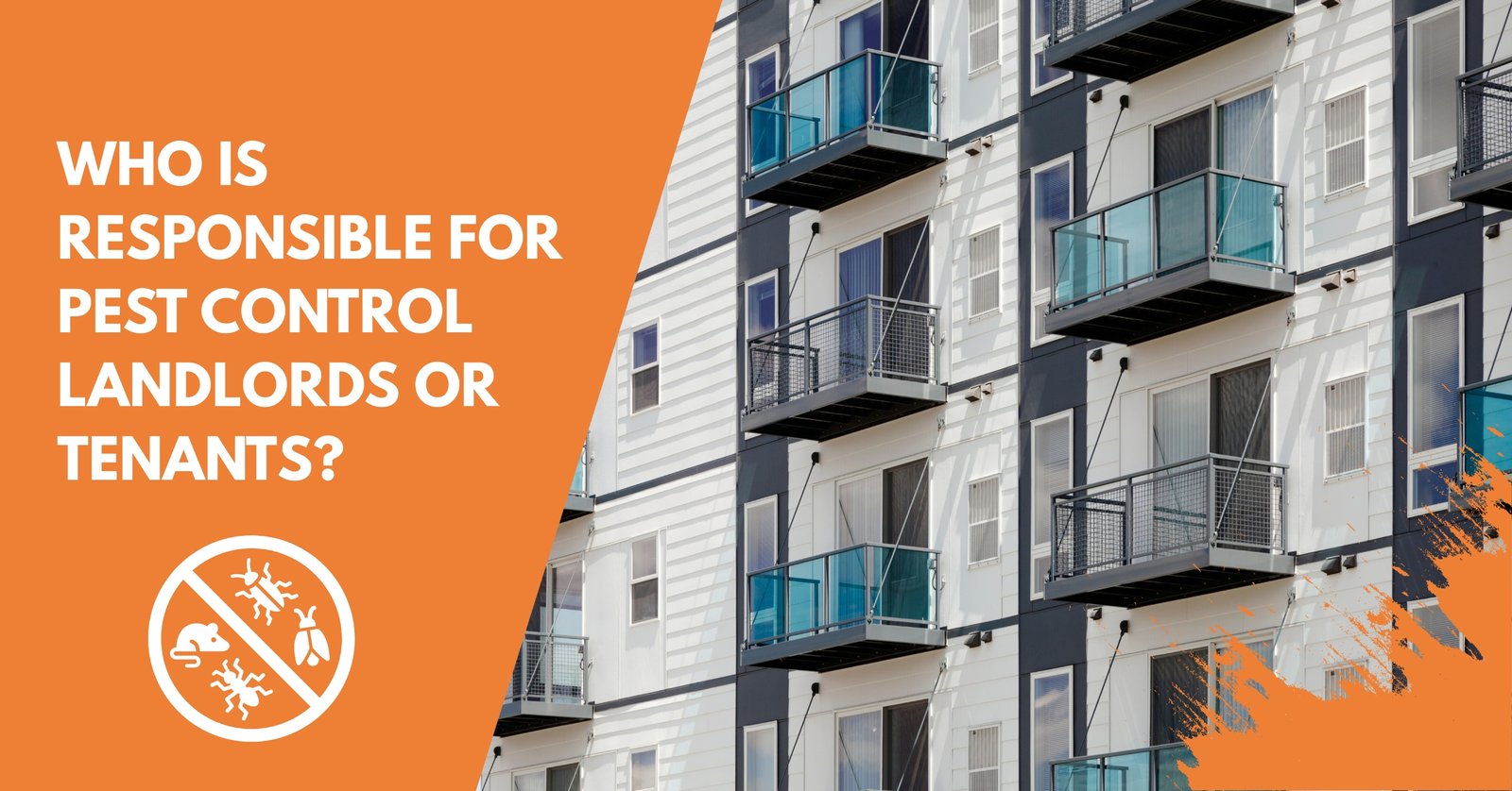 Apartment building with text asking who is responsible for pest control — landlords or tenants in Illinois.